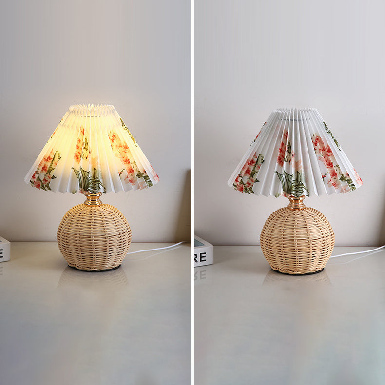 ScandiLuce: Rattan Table Lamp with Conical Fabric Shade & LED – for Bedroom & Living Room