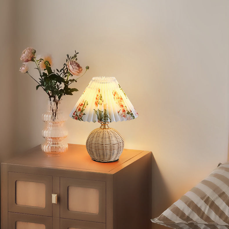 ScandiLuce: Rattan Table Lamp with Conical Fabric Shade & LED – for Bedroom & Living Room
