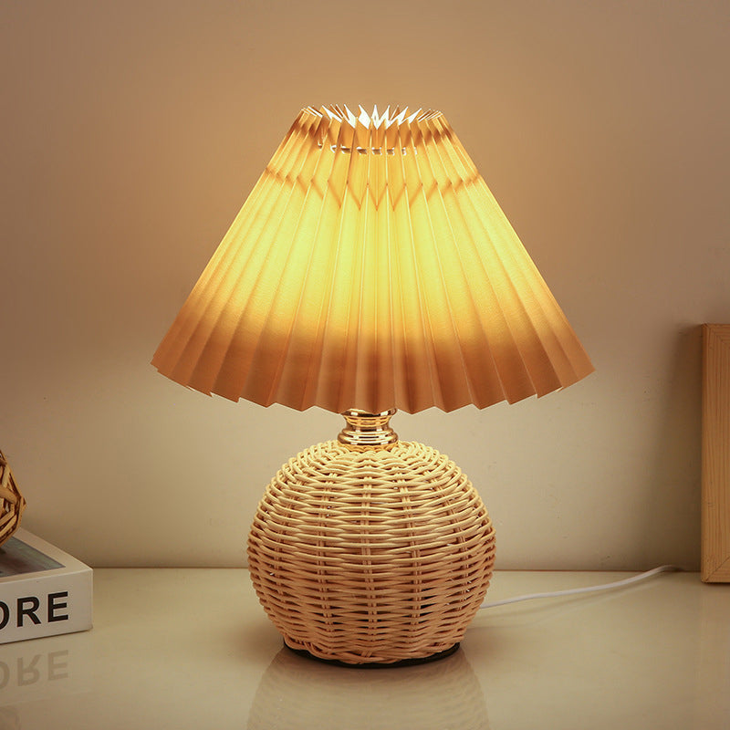 ScandiLuce: Rattan Table Lamp with Conical Fabric Shade & LED – for Bedroom & Living Room