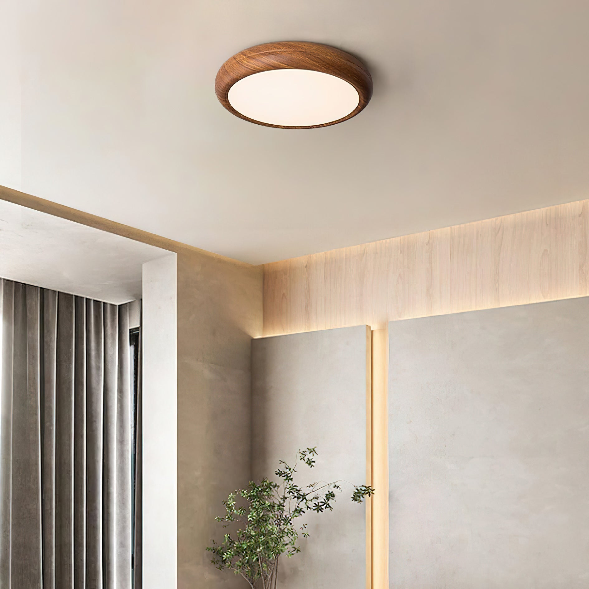Wood-Grain Round LED Flush Ceiling Lamp