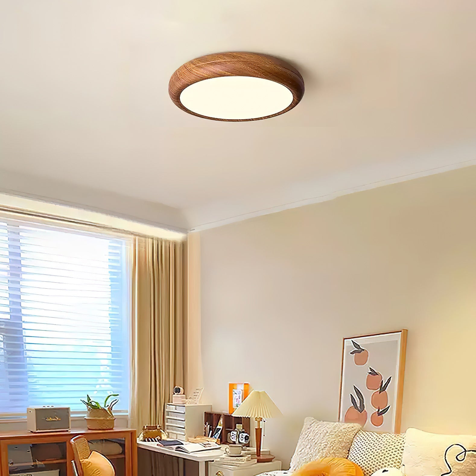 Wood-Grain Round LED Flush Ceiling Lamp