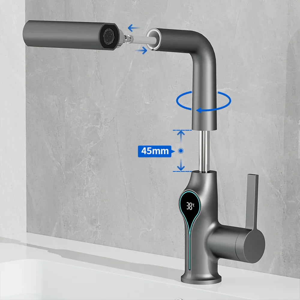 Celandra - Washbasin tap with Waterfall stream Temperature display and Adjustable sprayer