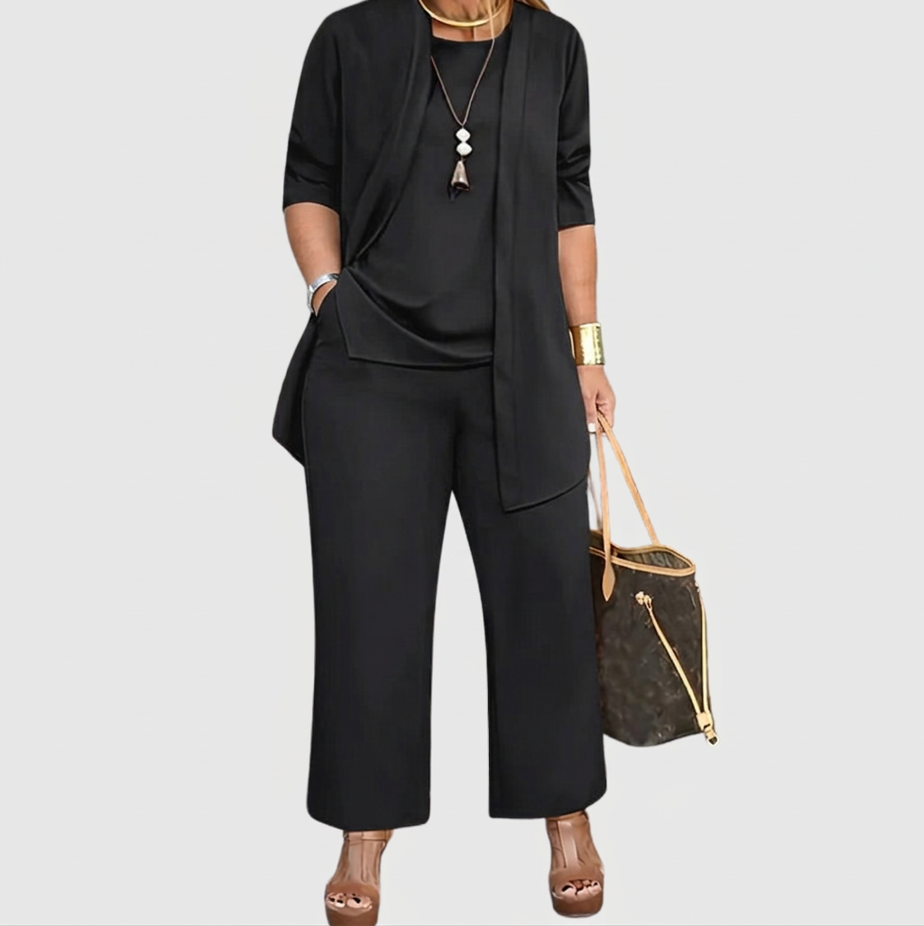 Elegant Three-Piece Set for Women Short-Sleeve Cardigan Wide-Leg