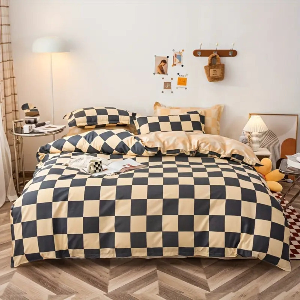 SchlossTraum: Checkered Duvet Cover Set – Modern, Breathable & Decorative with Black-Cream Pattern for Bedroom