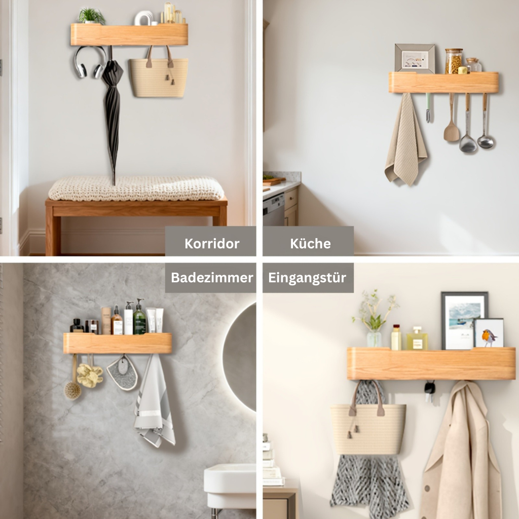 KeyWood: Wall-Mounted Coat Rack – Modern Wooden Shelf with Hooks, Space-Saving & Decorative for Hallway & Bedroom
