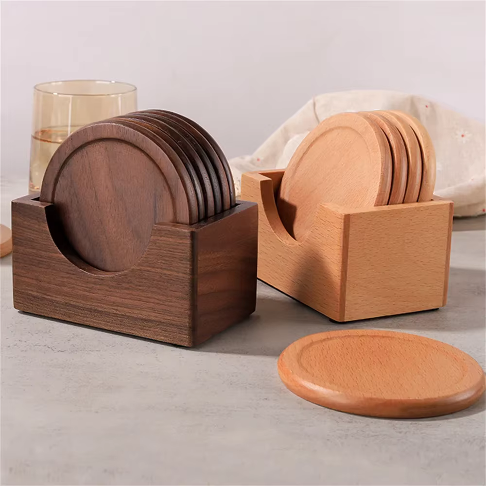 Bamboo Coaster Set | Minimalistisch, Walnoot of Beuken Hout