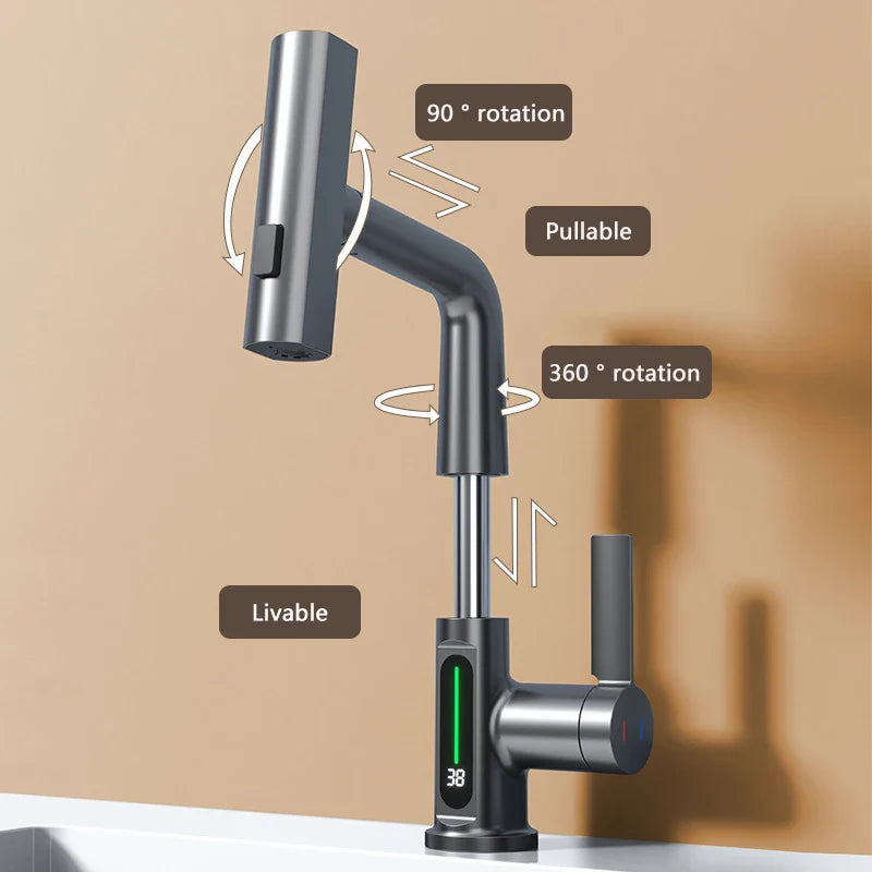 Aesthena - Extendable Waterfall Tap with Temperature Display in Stainless Steel