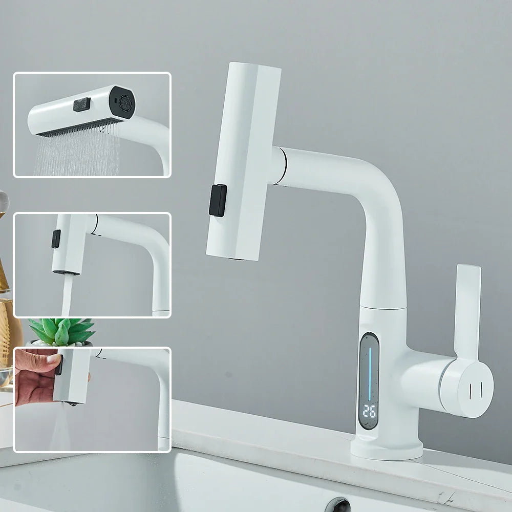 Thalenya - Waterfall Washbasin Faucet with Temperature Display and Movable Sprayer Up and Down