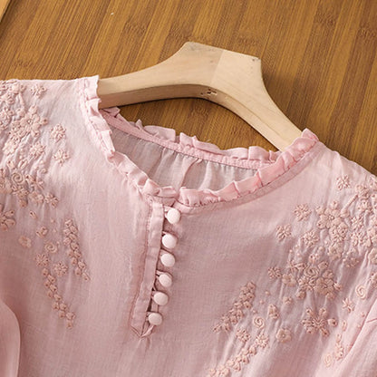 Effortless Blouse for Women Button-Front Three-Quarter-Sleeve Embroidered