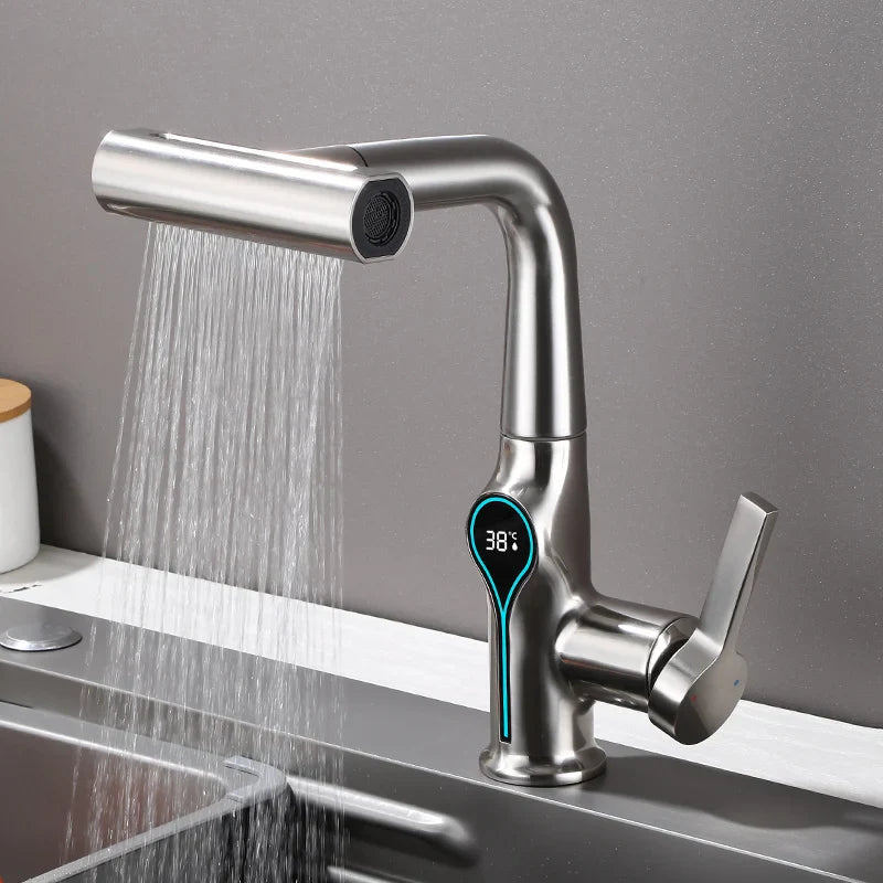 Celandra - Washbasin tap with Waterfall stream Temperature display and Adjustable sprayer