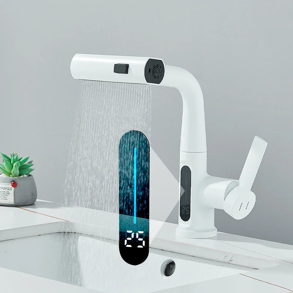 Nytheria - Waterfall Bathroom Faucet with Digital Temperature Display and Pull-Out Spout