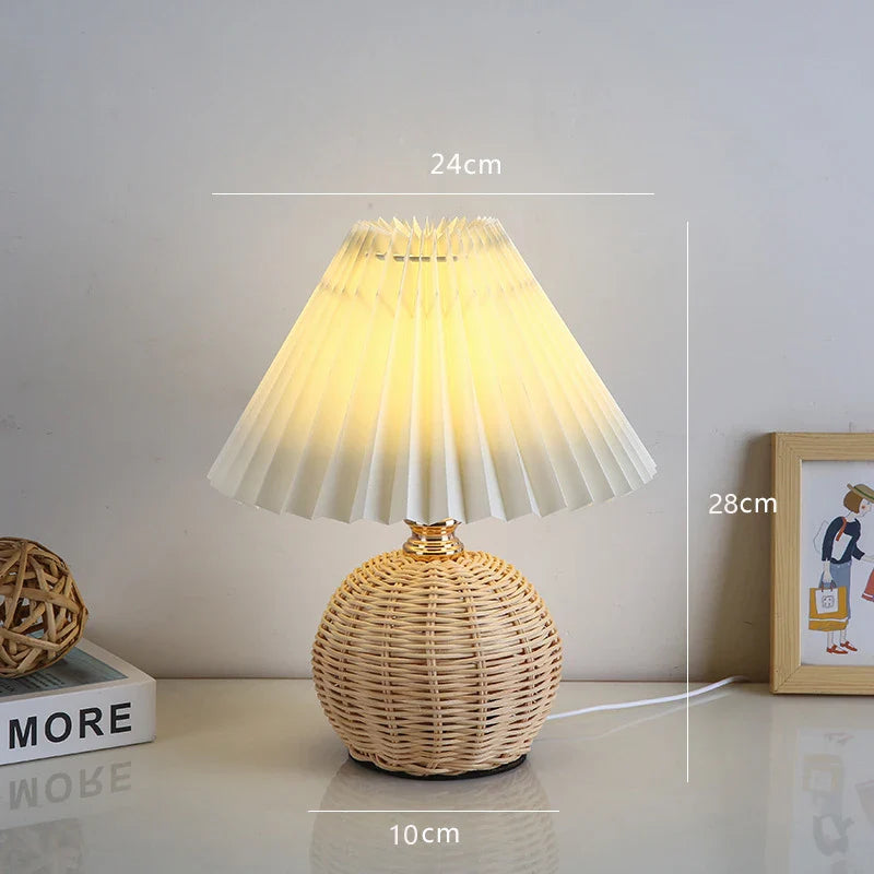 Luzava - Old-fashioned Bed Lamp with Pleated Shade and Wicker Accent