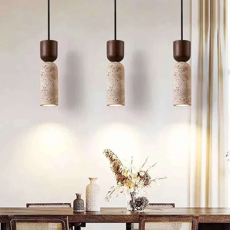 Bento Pendant Light | Natural Travertine & Walnut Wood, Adjustable Cord