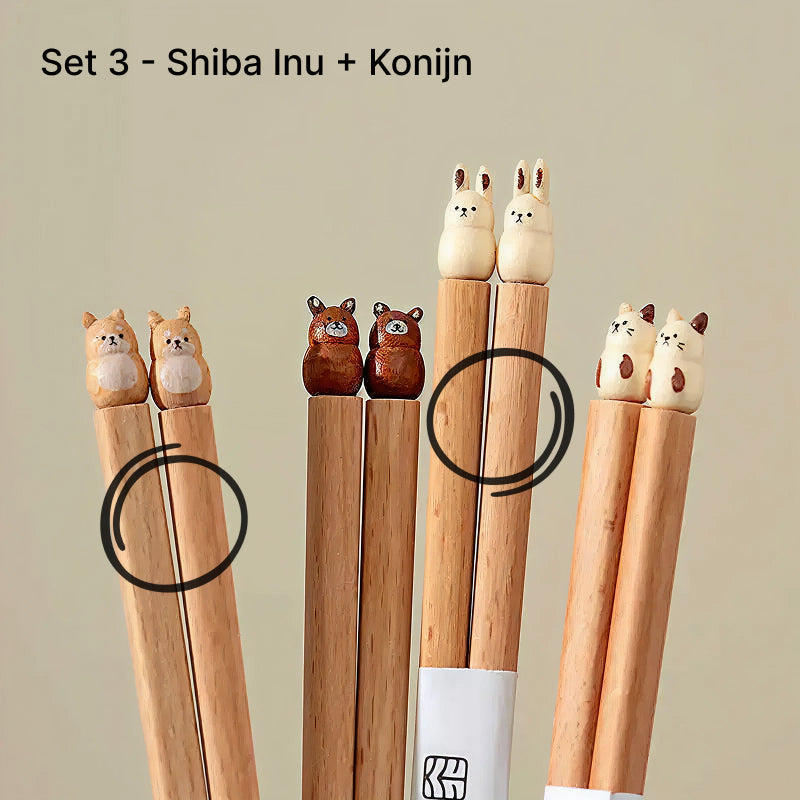 Bento Chibi Kinderstokjes | Handgemaakt Hout met Dierensculpturen