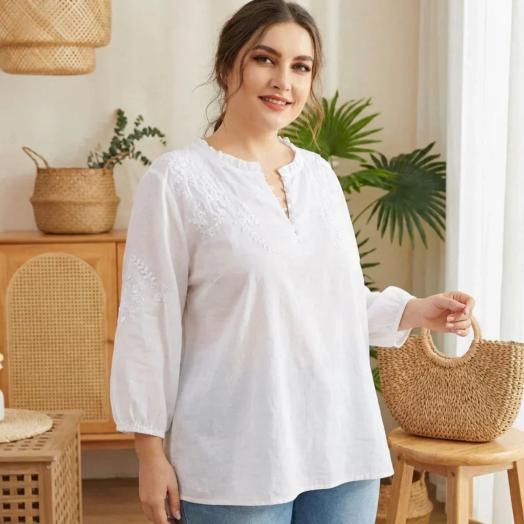 Effortless Blouse for Women Button-Front Three-Quarter-Sleeve Embroidered