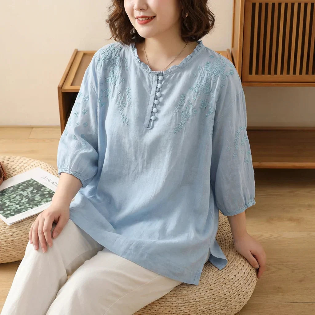 Effortless Blouse for Women Button-Front Three-Quarter-Sleeve Embroidered