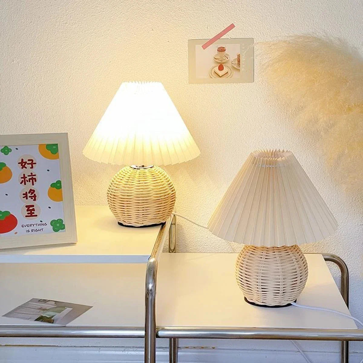 Luzava - Old-fashioned Bed Lamp with Pleated Shade and Wicker Accent