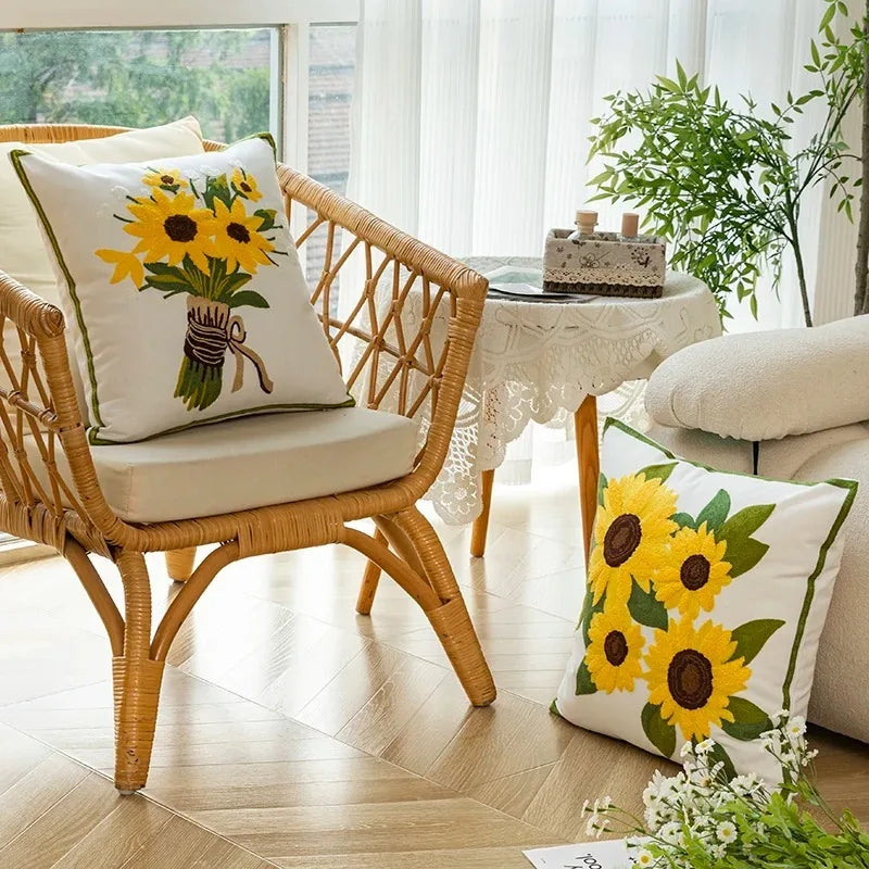 Caelirae - Cotton Embroidered Decorative Cushion 45x45 cm with Sunflower Pattern