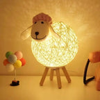 Sheep-Shaped Rattan Table Lamp, Dimmable LED, Remote Control