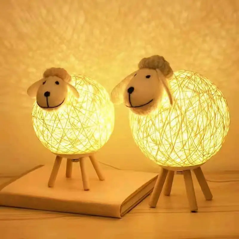 Sheep-Shaped Rattan Table Lamp, Dimmable LED, Remote Control
