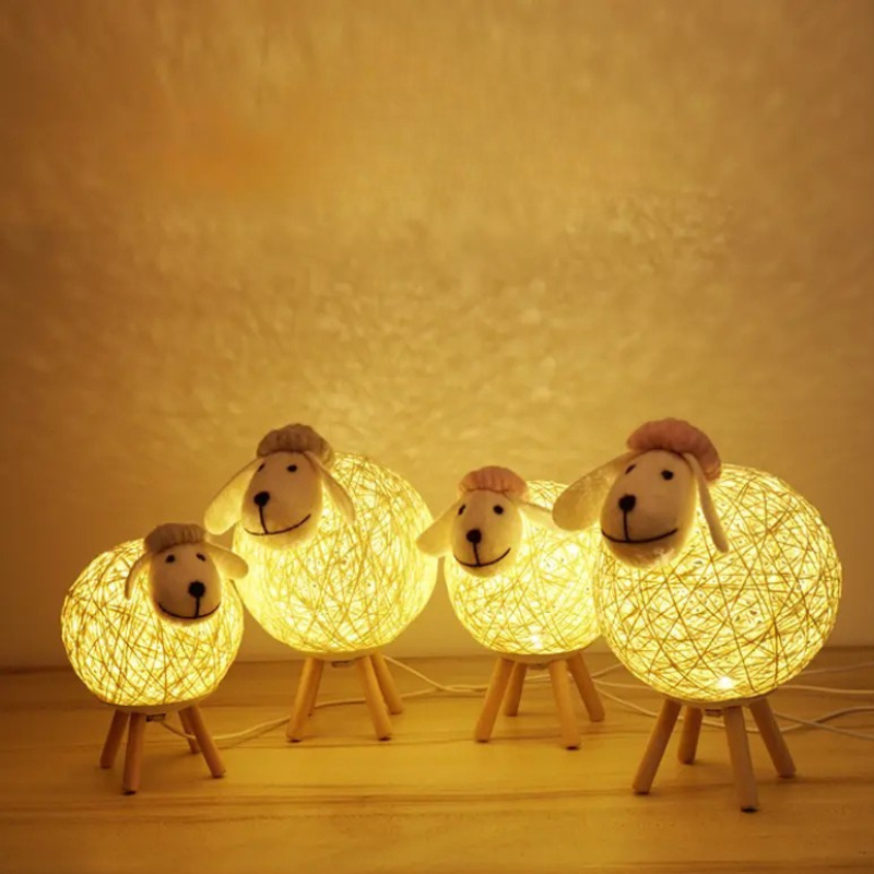 Sheep-Shaped Rattan Table Lamp, Dimmable LED, Remote Control