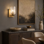 Ice-Textured Glass Column Wall Sconce, Satin Brass