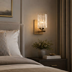 Ice-Textured Glass Column Wall Sconce, Satin Brass