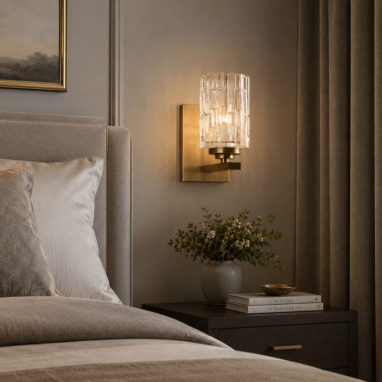 Ice-Textured Glass Column Wall Sconce, Satin Brass