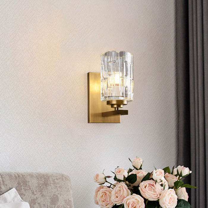 Ice-Textured Glass Column Wall Sconce, Satin Brass