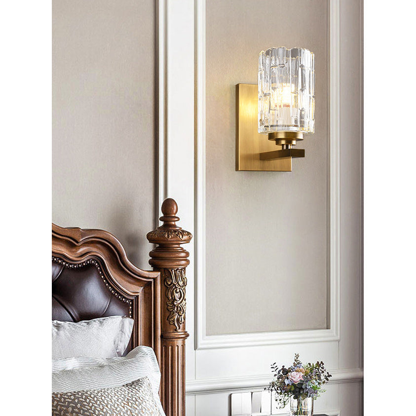 Ice-Textured Glass Column Wall Sconce, Satin Brass
