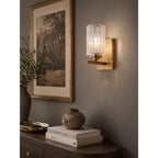 Ice-Textured Glass Column Wall Sconce, Satin Brass