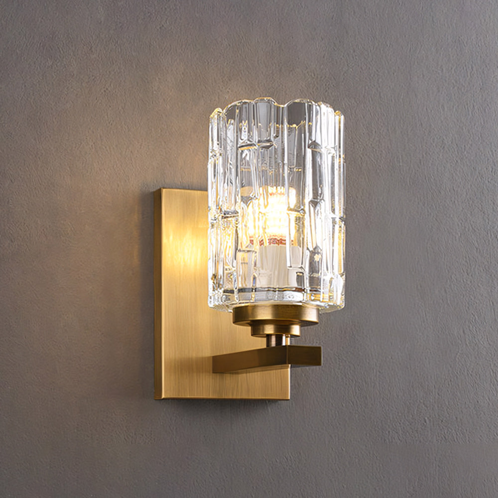 Ice-Textured Glass Column Wall Sconce, Satin Brass