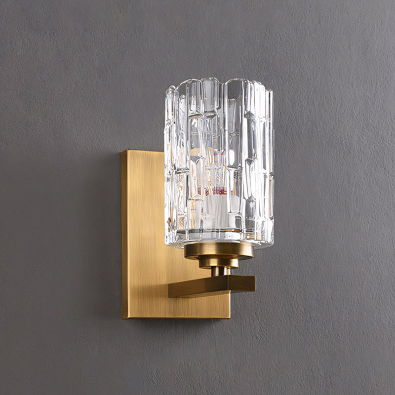 Ice-Textured Glass Column Wall Sconce, Satin Brass