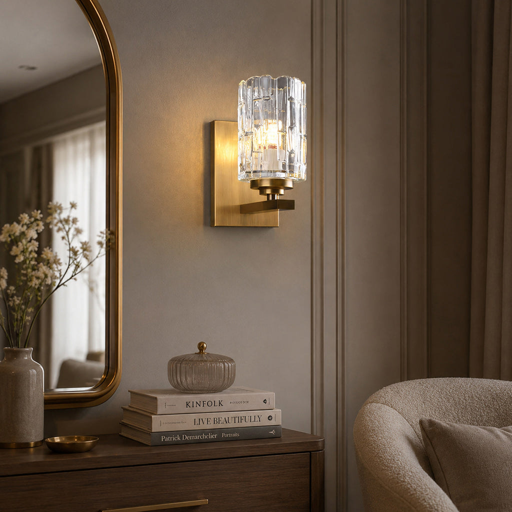 Ice-Textured Glass Column Wall Sconce, Satin Brass