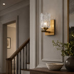 Ice-Textured Glass Column Wall Sconce, Satin Brass