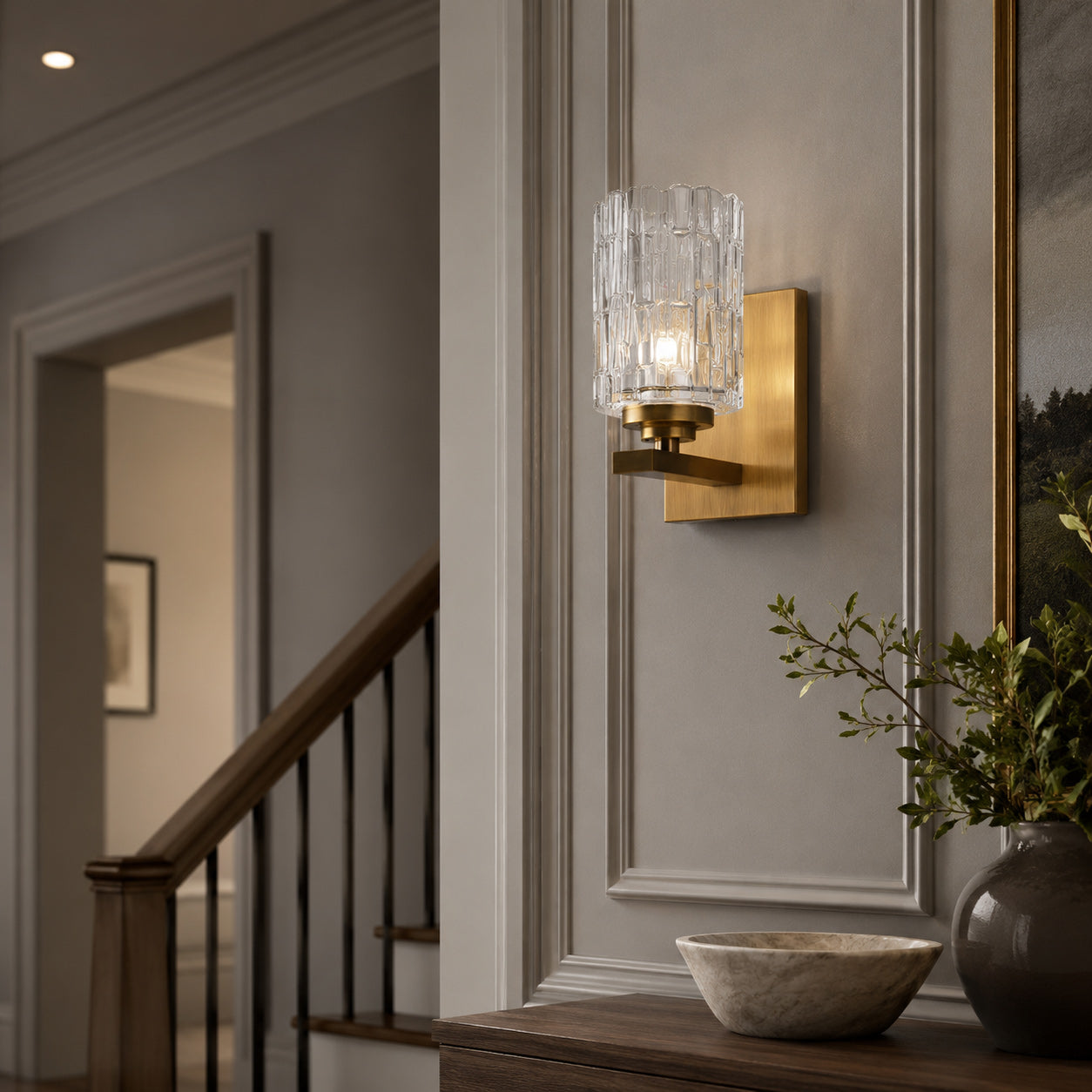 Ice-Textured Glass Column Wall Sconce, Satin Brass
