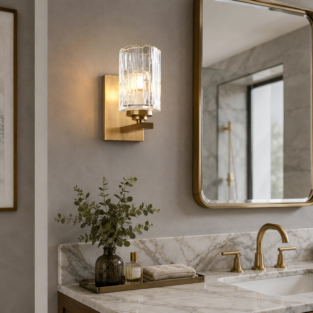 Ice-Textured Glass Column Wall Sconce, Satin Brass