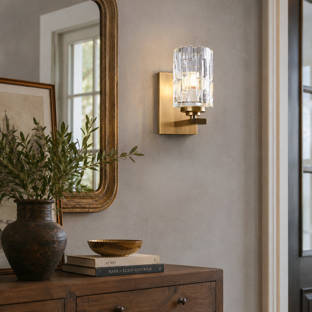 Ice-Textured Glass Column Wall Sconce, Satin Brass