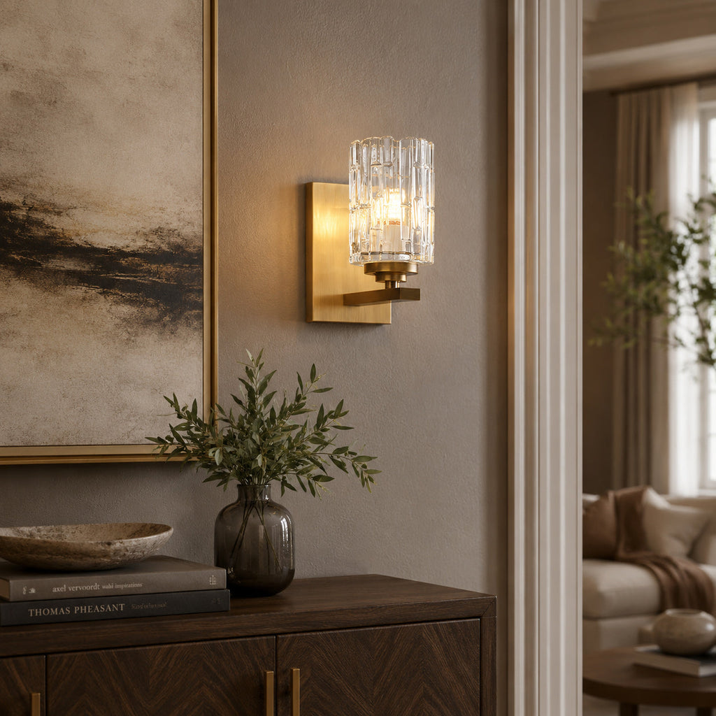 Ice-Textured Glass Column Wall Sconce, Satin Brass