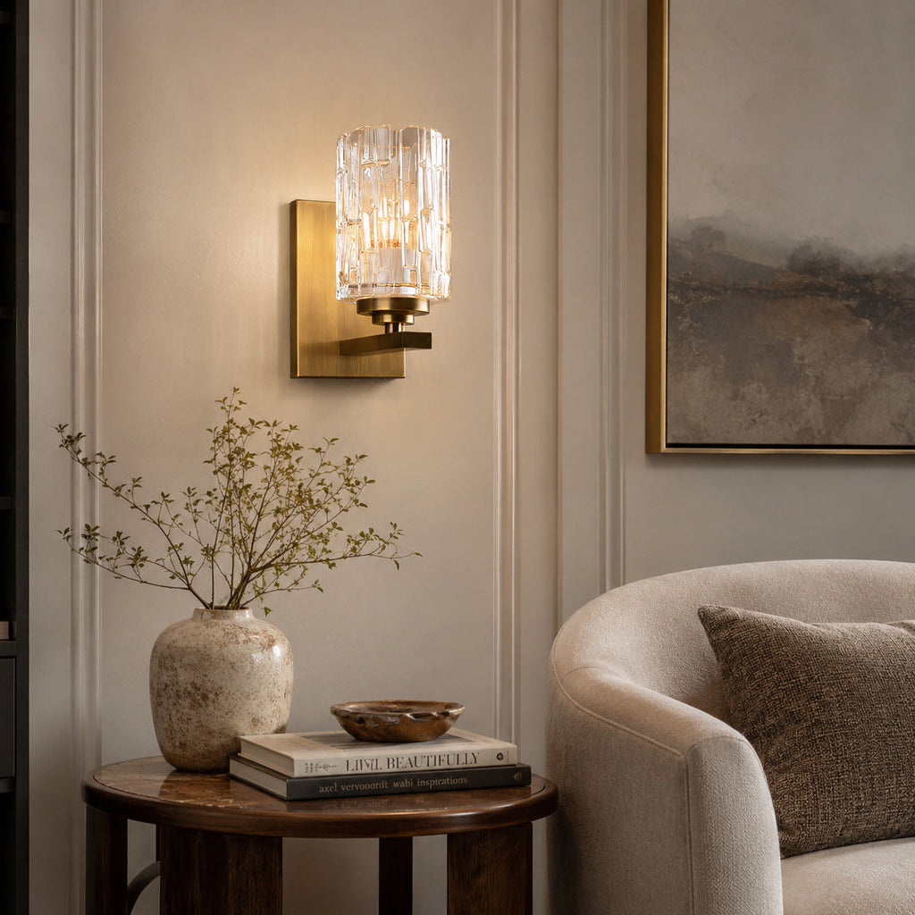 Ice-Textured Glass Column Wall Sconce, Satin Brass