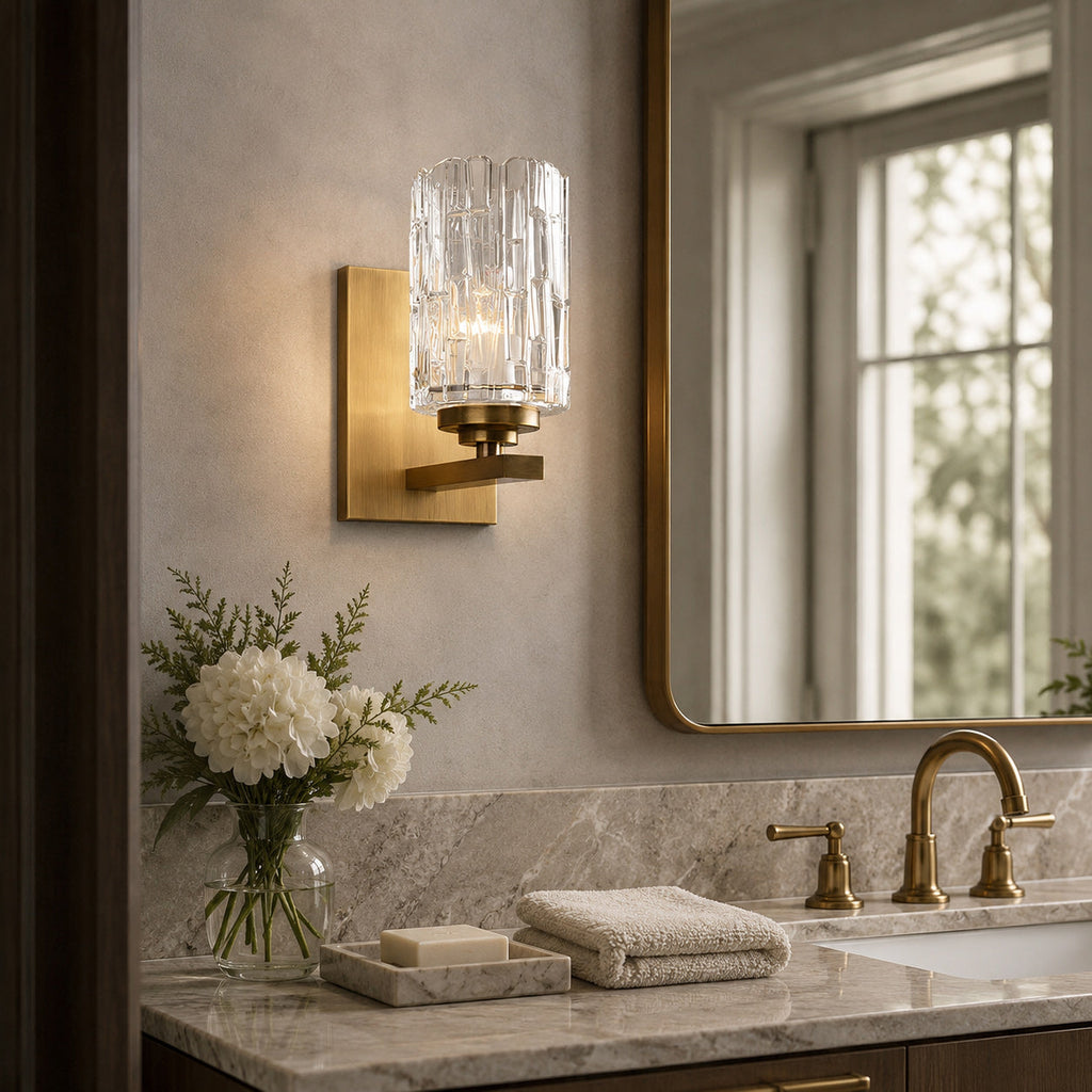 Ice-Textured Glass Column Wall Sconce, Satin Brass