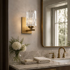Ice-Textured Glass Column Wall Sconce, Satin Brass