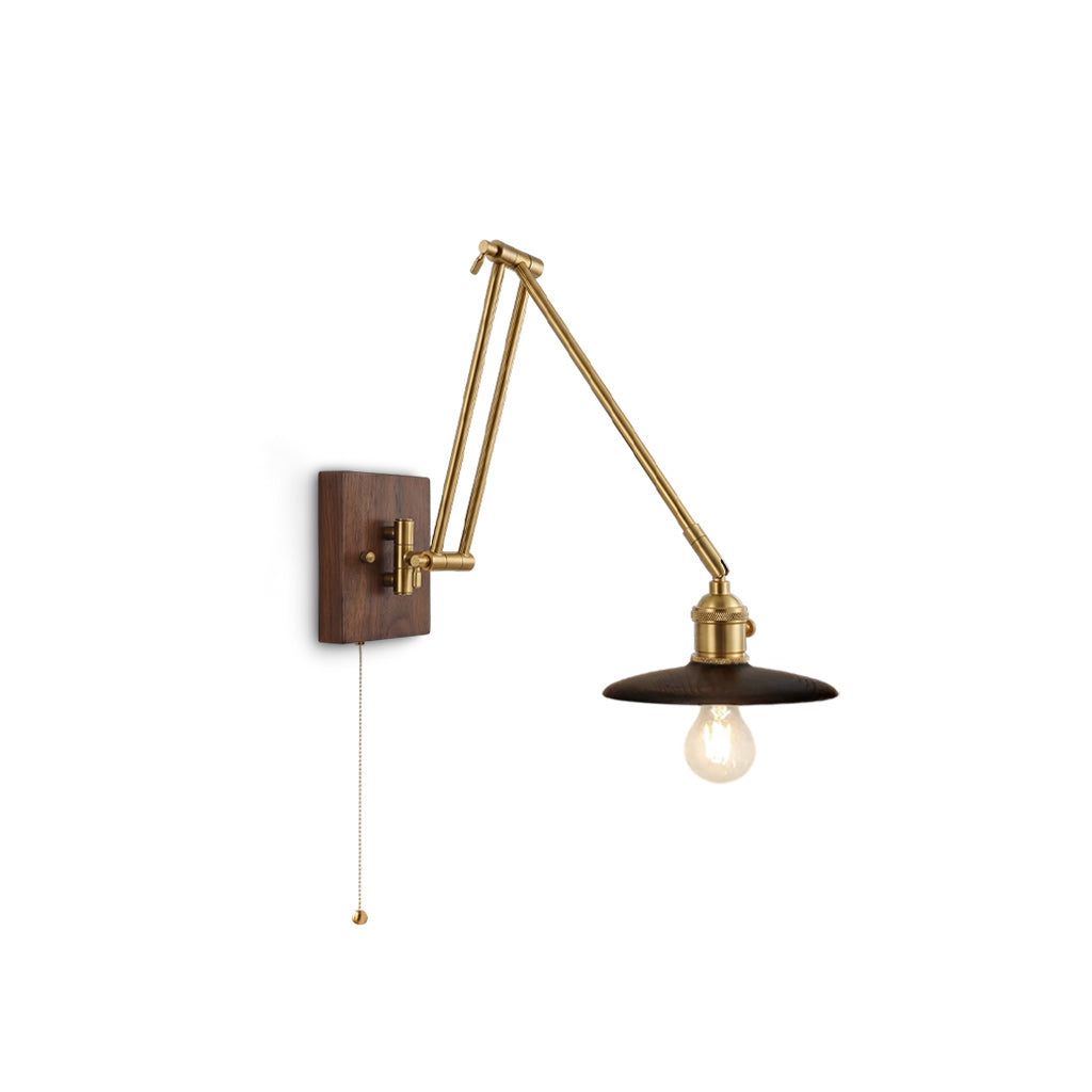 Saucer Swing-Arm Wall Sconce, Wood & Gold Iron