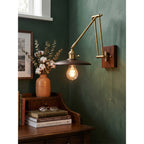 Saucer Swing-Arm Wall Sconce, Wood & Gold Iron