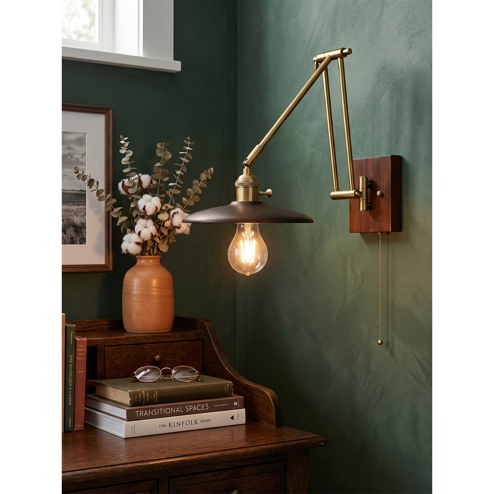 Saucer Swing-Arm Wall Sconce, Wood & Gold Iron
