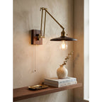 Saucer Swing-Arm Wall Sconce, Wood & Gold Iron