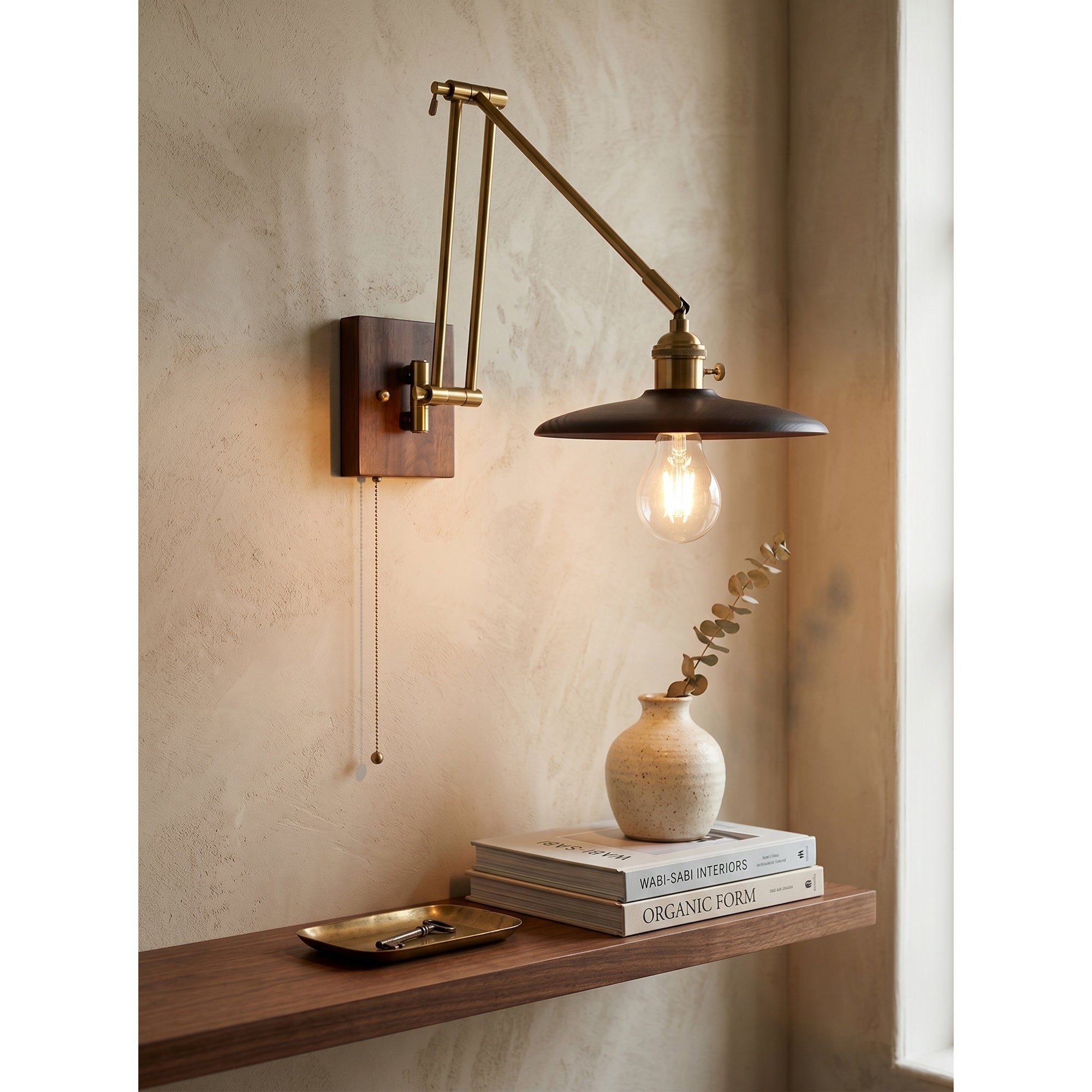 Saucer Swing-Arm Wall Sconce, Wood & Gold Iron