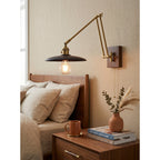 Saucer Swing-Arm Wall Sconce, Wood & Gold Iron