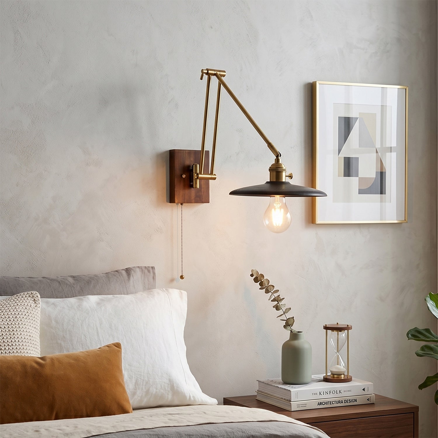 Saucer Swing-Arm Wall Sconce, Wood & Gold Iron