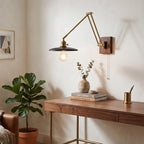 Saucer Swing-Arm Wall Sconce, Wood & Gold Iron